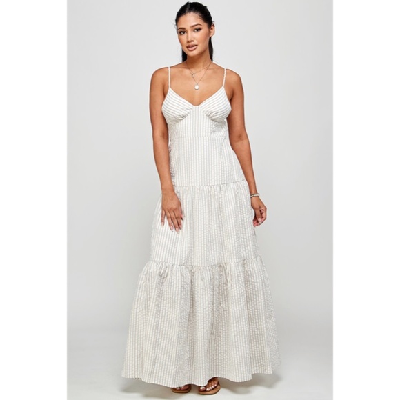 Dresses & Skirts - SOLD OUT White & Beige Stripe Cross Backless Strap Ruffle Maxi Dress